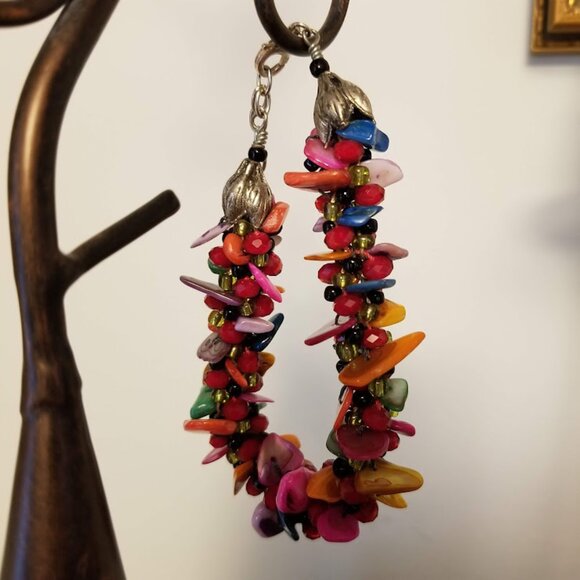 Colorful Vibrant Polished Shell Beaded Silver Bracelet Floral Encaps, Artisan - Picture 4 of 8